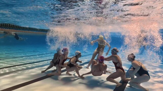 Synchronized swimming routine filmed in clear blue water
