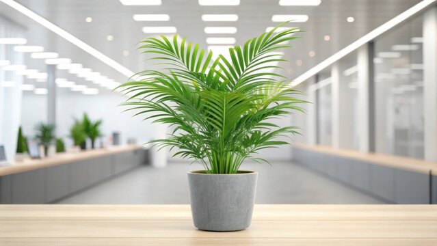 Potted areca palm plant on a wooden table in a modern office