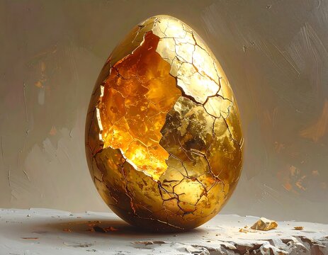 Ornate gold egg is cracked open, revealing glowing interior and sitting on a weathered surface