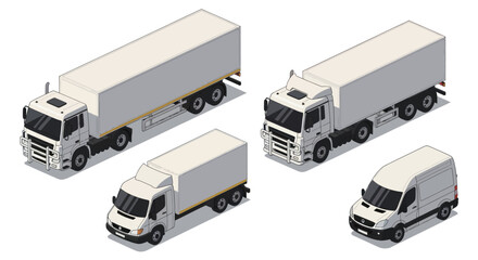 Collection of White Delivery Trucks and Vans in Isometric View. © Berkah