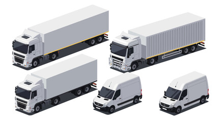 Collection of White Delivery Trucks and Vans in Isometric View. © Berkah