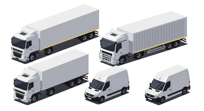Collection of White Delivery Trucks and Vans in Isometric View.