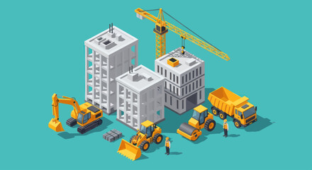 Fototapeta premium Construction Site with Buildings and Heavy Machinery Illustration.