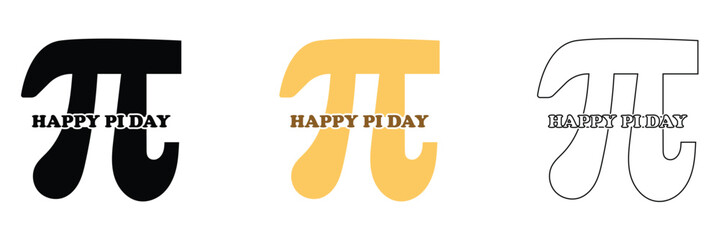 Fototapeta premium Happy Pi Day Circular Logo Designs. Set of three circular Happy Pi Day logo designs featuring the pi symbol in black, yellow, and outline styles on light background.