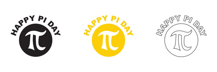 Fototapeta premium Happy Pi Day Circular Logo Designs. Set of three circular Happy Pi Day logo designs featuring the pi symbol in black, yellow, and outline styles on light background.