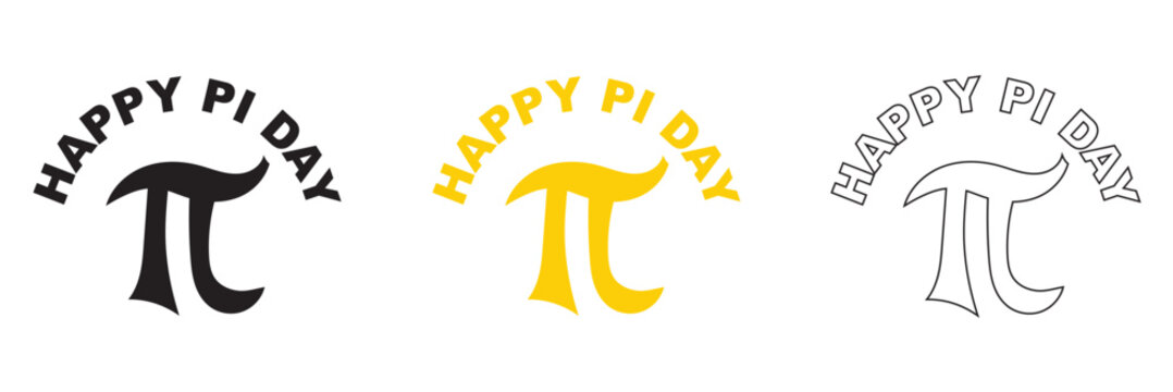 Happy Pi Day Circular Logo Designs. Set of three circular Happy Pi Day logo designs featuring the pi symbol in black, yellow, and outline styles on light background.