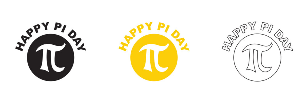 Happy Pi Day Circular Logo Designs. Set of three circular Happy Pi Day logo designs featuring the pi symbol in black, yellow, and outline styles on light background.