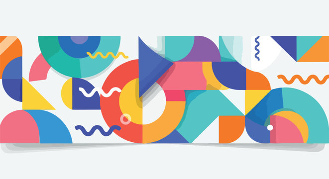 A vibrant geometric composition featuring abstract shapes and colorful forms