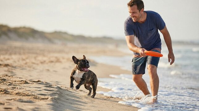 Dog man throwing frisbee for on beach, a French bulldog