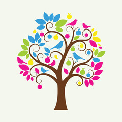 Obraz premium A vibrant illustrated tree with colorful leaves, fruit, and birds