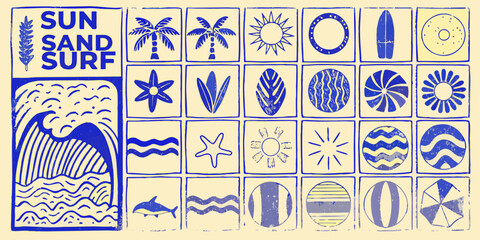 A grid of blue and white summer themed icons and illustrations © Nripen