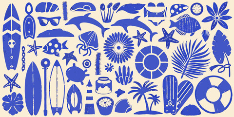 Blue and white illustrative composition of various marine life and objects © Nripen