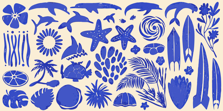 Blue marine life and tropical elements in a playful illustrative style