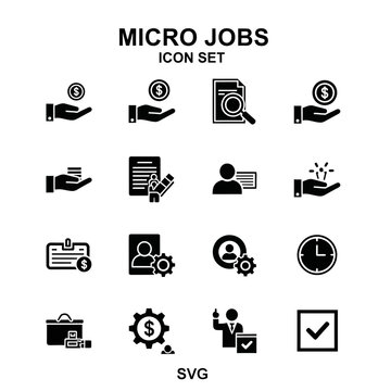 Micro Jobs and Freelance Work Vector Icon Set for Online Tasks, Money Earning, and Time Management with User Profiles and Productivity Symbols.