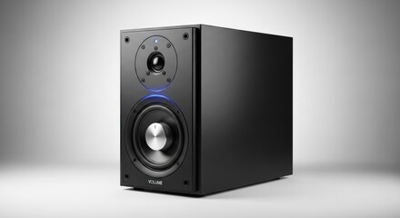 Obraz premium Modern black bookshelf speaker with blue LED light, studio monitor, audio equipment
