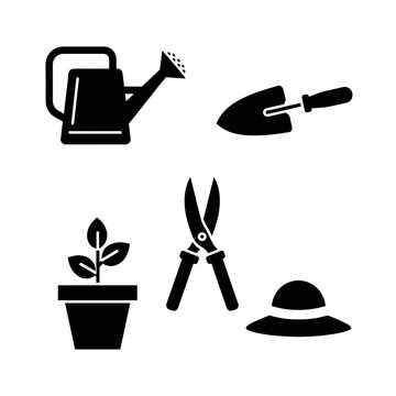 Essential Gardening Tools and Accessories Black Silhouette Icon Set, including watering can, trowel, pruning shears, and sun hat, for horticulture and outdoor themes.