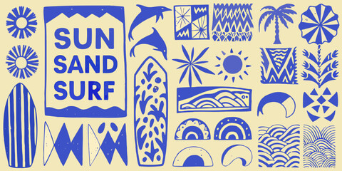 A playful blue and yellow illustration depicting summer and beach motifs © Nripen