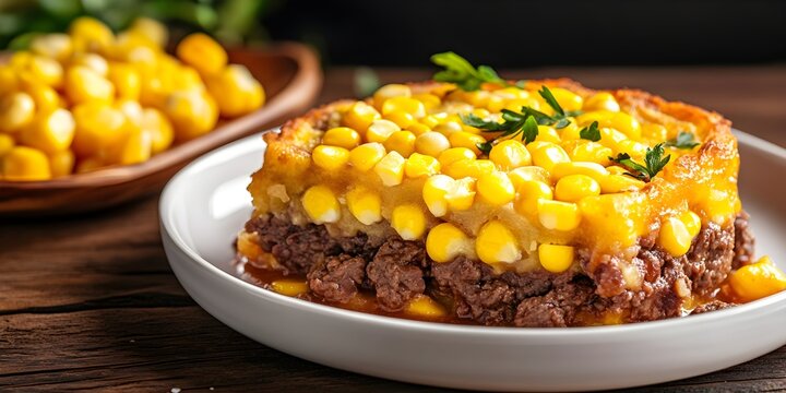 Pastel de choclo with corn and beef on white plate