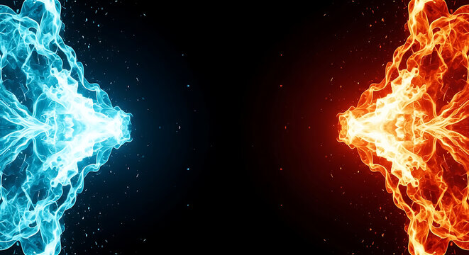 intense blue and red fire streams colliding on a dark background symbolizing elemental opposing forces fierce conflict and duality.