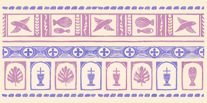 Repeating pattern of birds chalices and geometric shapes in purple hues