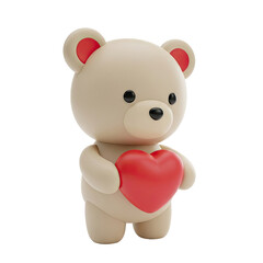 White teddy bear holding a red heart isolated on transparent background