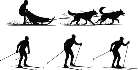 Black vector silhouette set of husky dog sledding with a musher and cross country skiers for winter mountain sports branding, cad drawing flat vector illustration © MDMOHOBBAT
