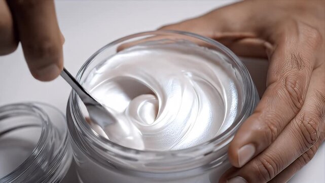 Close up view of hands mixing pearlescent cosmetic cream in a glass jar with a black spatula, soft studio lighting