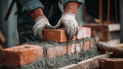 Construction worker's hands laying a brick on mortar, building a wall