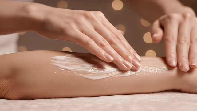 Gentle Sugar Waxing Application on Leg for Smooth Skin in Soft Warm Lighting with Bokeh Background