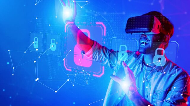 A male user engages with a virtual reality system, interacting with digital security elements in a vibrant, neon-lit environment, showcasing innovation and excitement. Raster
