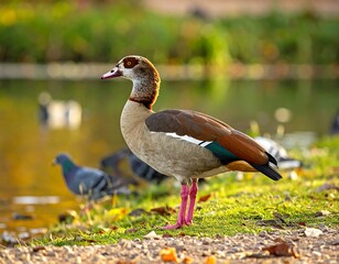 Obraz premium Ornithological study A colorful goose stands near water in a park setting