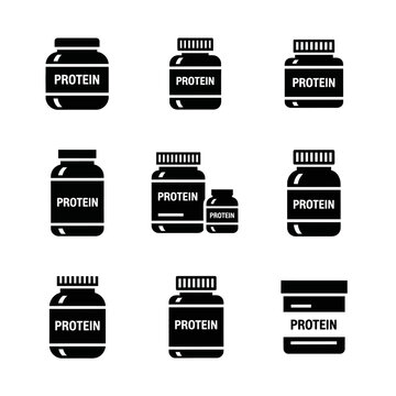 Collection of Black Silhouette Vector Icons Depicting Protein Powder Jars and Containers, Symbolizing Sports Nutrition, Fitness, and Health Supplements.