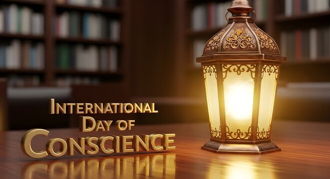 International Day of Conscience Concept with Glowing Vintage Lantern on Wooden Table in Library Background