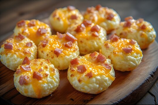 ham and cheese egg bites on a wooden board