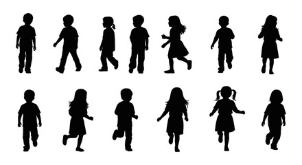 black silhouettes of diverse children walking and running capturing childhood growth and playful energy against a clean white background