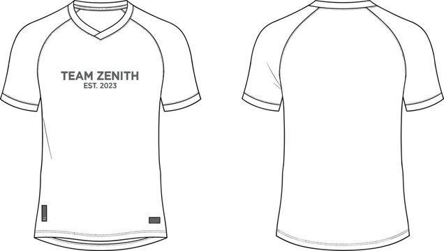 Technical Vector Illustration of a White Raglan Short Sleeve Jersey Template Front and Back View with Team Zenith Logo Branding