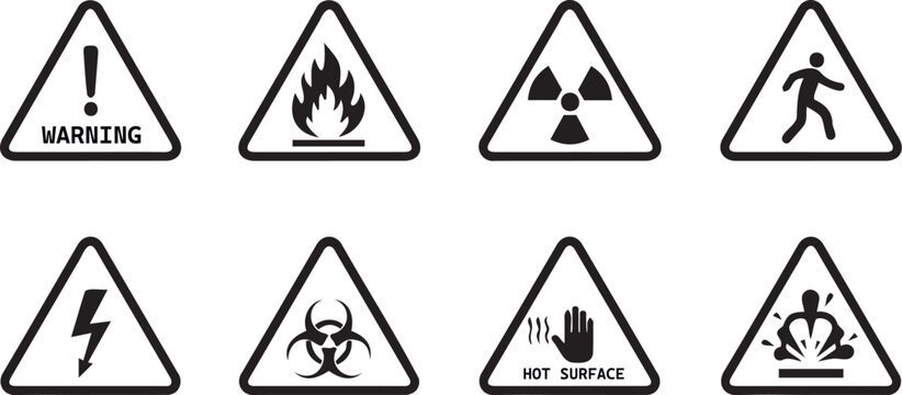 Collection of black and white warning signs indicating various hazards and dangers in triangular shapes with cautionary symbols and text.