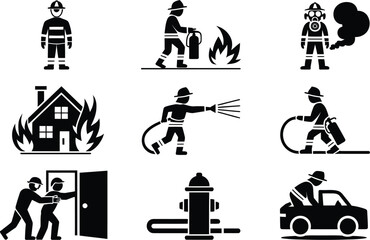 Naklejka premium Firefighting icon collection. Includes fireman, fire, hose, hydrant, rescue, and emergency response symbols. Created in black silhouette style with monochromatic palette.