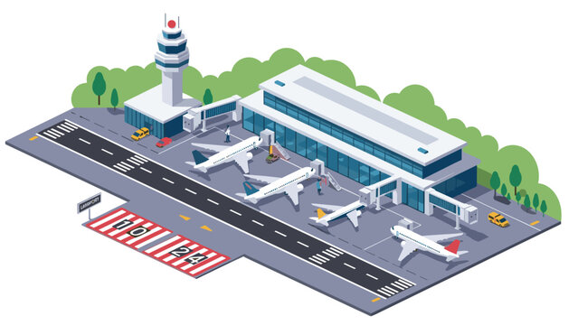 Modern airport terminal facility features multiple airplanes parked at gates with control tower and active runway strips.