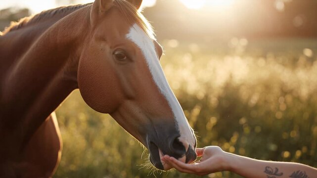 Gentle Akhal Teke horse feeding at sunset golden hour