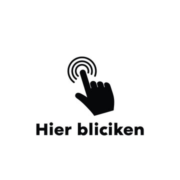 Vector illustration icon black hand icon with finger pointing and hier blicken text
