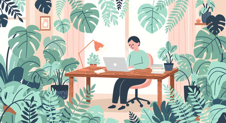 A person works on a laptop at a desk in a home office, completely surrounded by a lush indoor jungle of green houseplants.