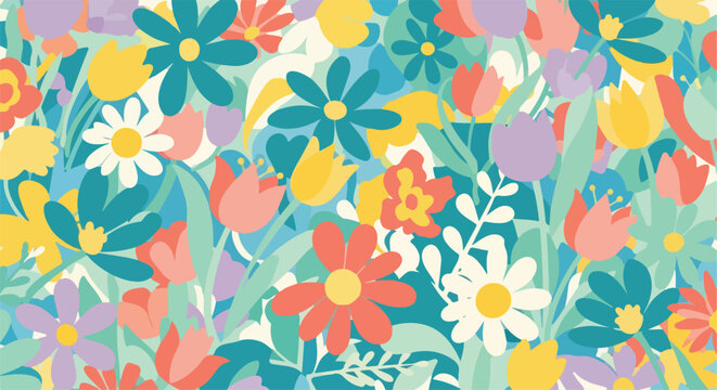 A vibrant seamless pattern of various colorful flowers and leaves