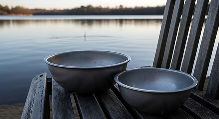 Two large metal bowls resting on a wooden bench by a serene lake.