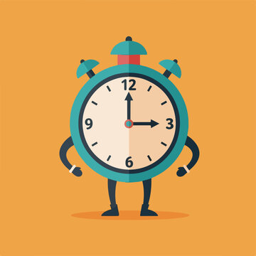 A whimsical alarm clock character with arms and legs, set at 3 o'clock