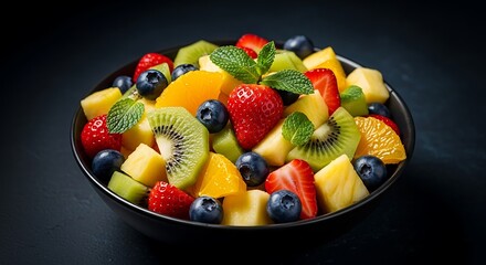 A bowl of fresh fruit salad with mint leaves, vibrant colors, studio lighting creating shine on the fruit, dark background.