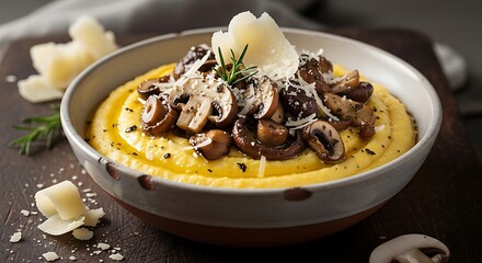 A bowl of creamy polenta with mushrooms and parmesan, comfort food, studio lighting, 4k.
