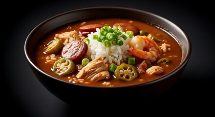 A bowl of gumbo with rice and okra, rich and dark, studio lighting, dark background, 4k.