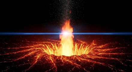 volcanic eruption spewing molten lava and glowing ash from a deep crater showing immense elemental power and geological activity.