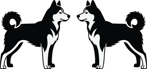 Black, husky, dog, silhouette, vector, illustration, two, dogs, siberian, husky, breed, icon, isolated, on, white, background, pet, nature, animal, graphic. © Rubel
